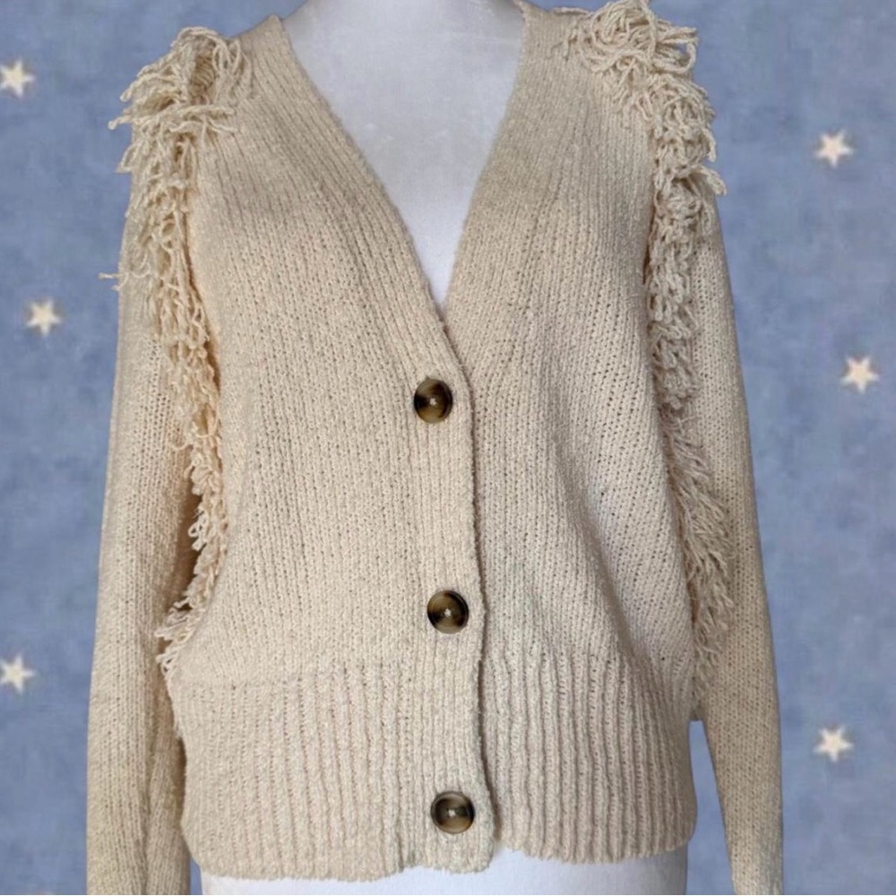 Madewell Cream Fringe Knit Cardigan Sweater